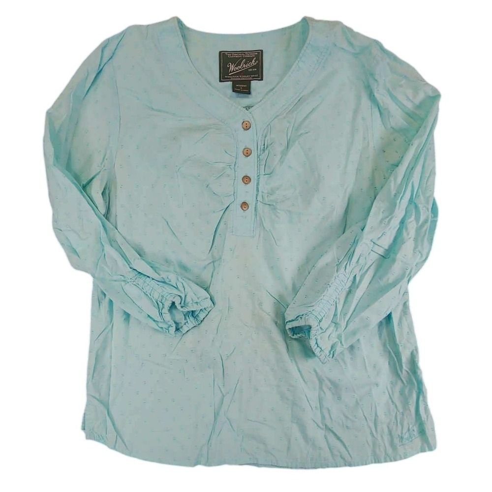 Woolrich Top Womens S Turquoise Clip Dot Button Front Short Sleeve Casual Blouse